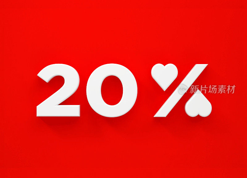 20% offoffwhite Heart shape白色的心形状形成一个百分比的标志坐在旁边的数字20红色的背景